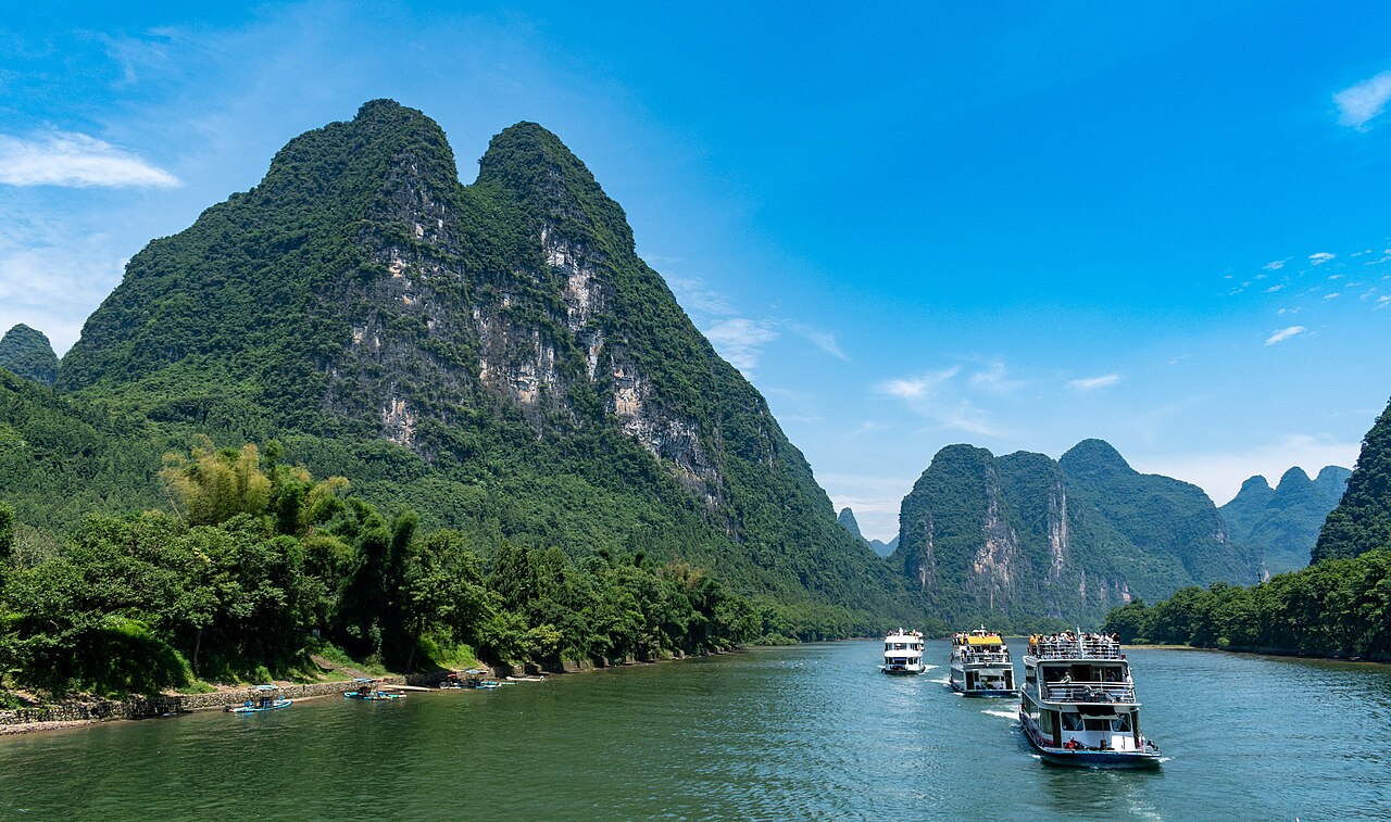 The Li River winding past karst peaks near Guilin